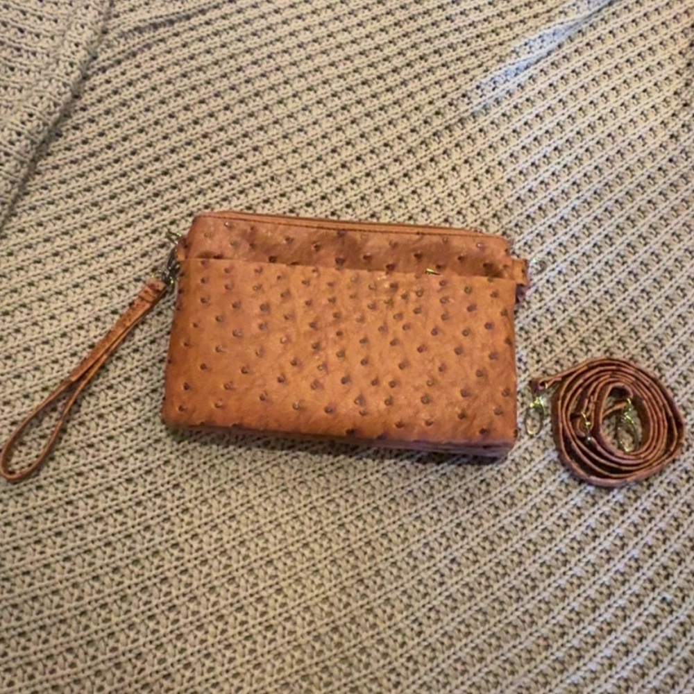Brown Textured Clutch with Strap